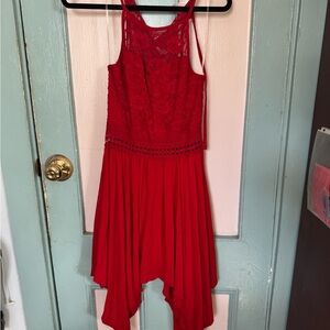 Chic Red Lace Dress with Flowy Hem